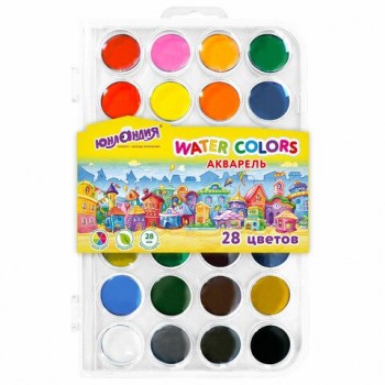 Краски акварельные ЮНЛАНДИЯ "ДОМИКИ" 28 цветов, круглые кюветы 28 мм, пенал, 192632