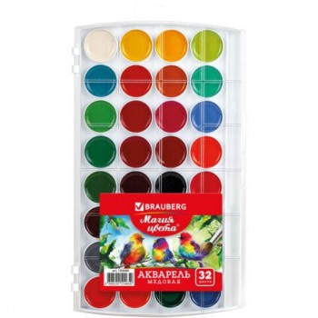 Краски акварельные BRAUBERG 7 шт. "МАГИЯ ЦВЕТА" 32 цвета, медовые, круглые кюветы, пенал, 192684
