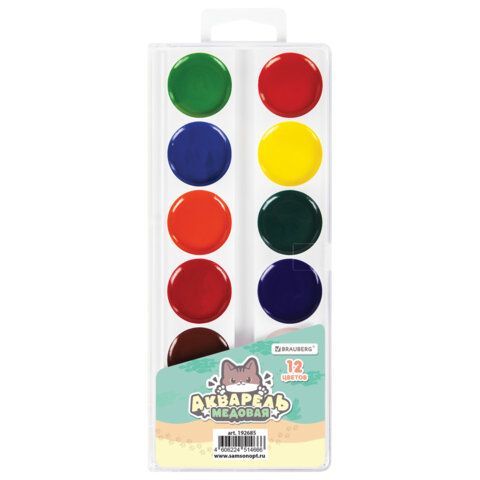 Краски акварельные BRAUBERG 12 шт. "МИЛЫЕ КОТЫ", медовые, 12 цветов, круглые кюветы, 192685