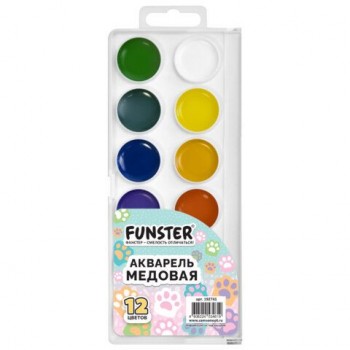 Краски акварельные FUNSTER 15 шт. "КОШАЧЬИ ЛАПКИ", 12 цветов, круглые кюветы, пластиковый пенал с европодвесом, 192741