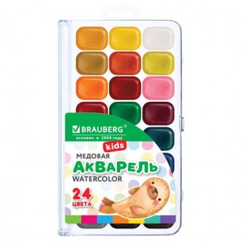 Краски акварельные BRAUBERG "KIDS NEW", медовые, 24 цвета, квадратные кюветы, пластиковый пенал, 192797