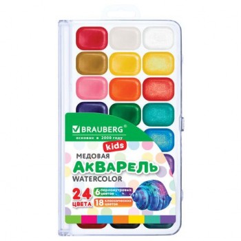 Краски акварельные BRAUBERG "KIDS NEW", медовые, 24 цвета (18 базовых + 6 перламутровых), квадратные кюветы, пластиковый пенал, 192798