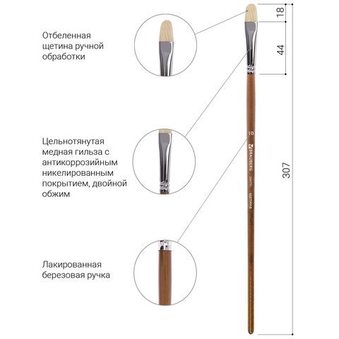 Кисть художественная профессиональная BRAUBERG ART 2 шт. CLASSIC, щетина, овальная, № 10, длинная ручка, 200731