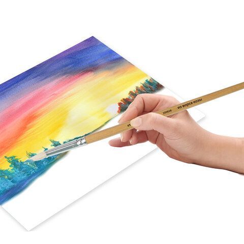 Кисть ПИФАГОР 4 шт., КОЗА, круглая, № 5, деревянная лакированная ручка, с колпачком, 200828