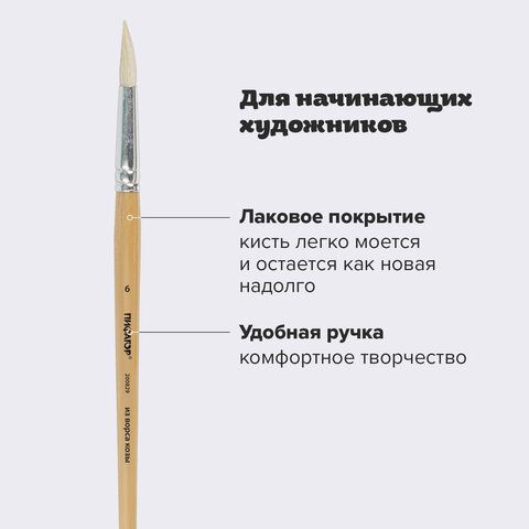 Кисть ПИФАГОР 3 шт., КОЗА, круглая, № 6, деревянная лакированная ручка, колпачок, пакет с подвесом, 200829