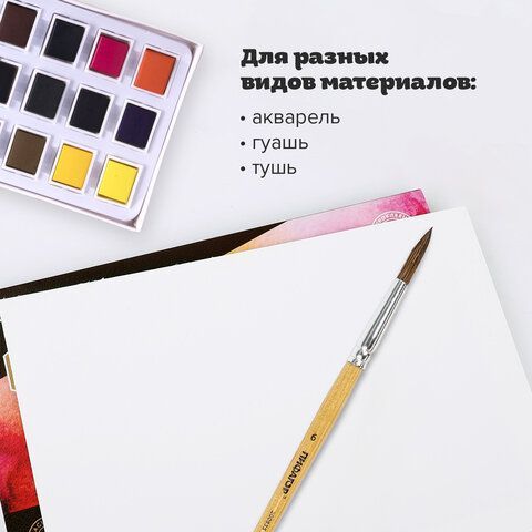 Кисть ПИФАГОР 3 шт., ПОНИ, круглая, № 6, деревянная лакированная ручка, колпачок, пакет с подвесом, 200835