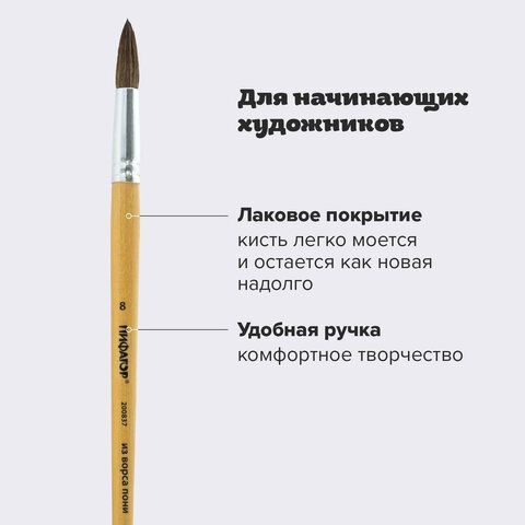 Кисть ПИФАГОР 2 шт., ПОНИ, круглая, № 8, деревянная лакированная ручка, колпачок, пакет с подвесом, 200837