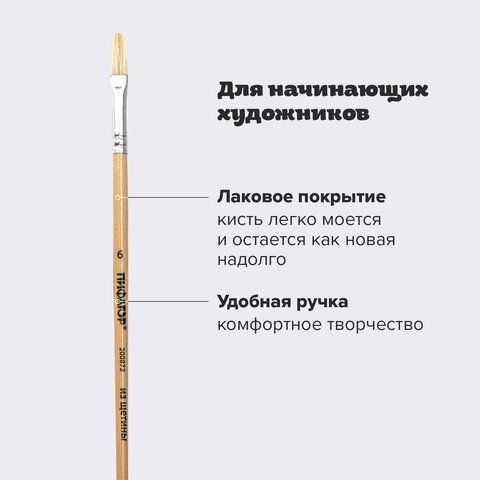 Кисть ПИФАГОР 5 шт., ЩЕТИНА, плоская, № 6, деревянная лакированная ручка, пакет с подвесом, 200872