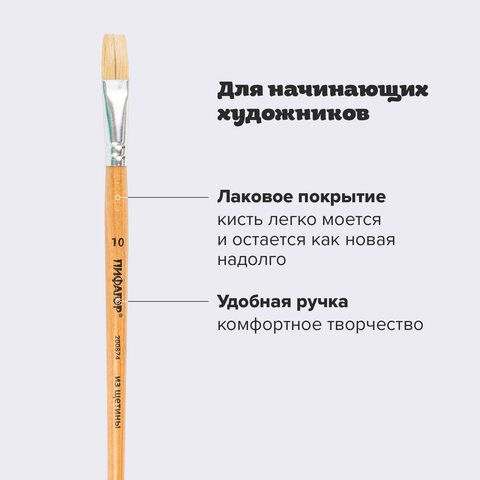 Кисть ПИФАГОР 3 шт., ЩЕТИНА, плоская, № 10, деревянная лакированная ручка, пакет с подвесом, 200874