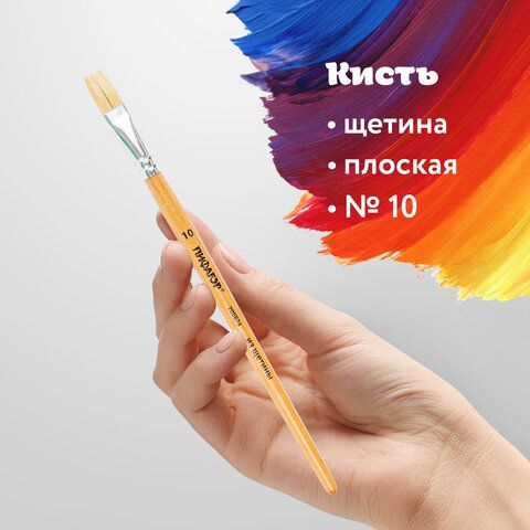 Кисть ПИФАГОР 3 шт., ЩЕТИНА, плоская, № 10, деревянная лакированная ручка, пакет с подвесом, 200874