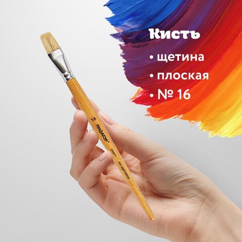 Кисть ПИФАГОР 2 шт., ЩЕТИНА, плоская, № 16, деревянная лакированная ручка, пакет с подвесом, 200877