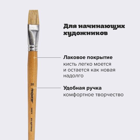 Кисть ПИФАГОР 2 шт., ЩЕТИНА, плоская, № 20, деревянная лакированная ручка, пакет с подвесом, 200879
