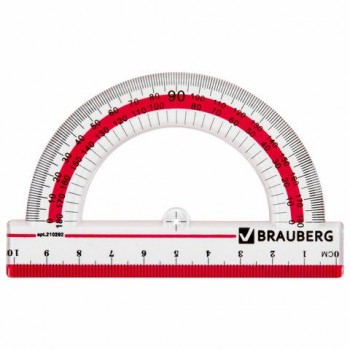 Транспортир 10 см, 180 градусов, пластиковый, BRAUBERG 3 шт. "Crystal", прозрачный, с выделенной шкалой, подвес, 210292