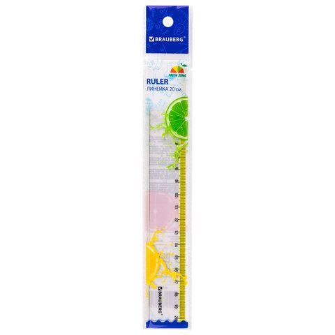 Линейка пластиковая 20 см BRAUBERG 6 шт. &quot;FRESH ZONE&quot;, прозрачная, с желтой шкалой, 210749