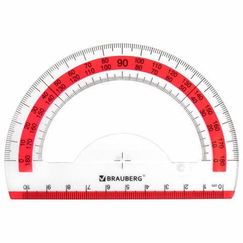 Транспортир 10 см BRAUBERG 4 шт. &quot;FRESH ZONE&quot;, 180 градусов, пластик, прозрачный, красная шкала, 210760
