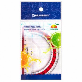 Транспортир 10 см BRAUBERG 4 шт. "FRESH ZONE", 180 градусов, пластик, прозрачный, красная шкала, 210760