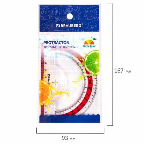 Транспортир 10 см BRAUBERG 4 шт. &quot;FRESH ZONE&quot;, 180 градусов, пластик, прозрачный, красная шкала, 210760