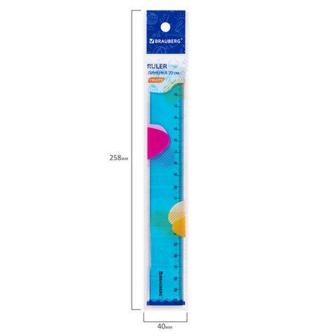 Линейка пластиковая 20 см BRAUBERG 6 шт. &quot;FRUITY&quot;, тонированная, ассорти, 210766
