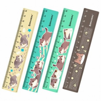 Линейка пластиковая 15 см BRAUBERG 8 шт. "CUTE CATS", с принтом, ассорти, 210865