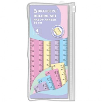 Линейки пластиковые 15 см пастельные BRAUBERG 12 шт., НАБОР 4 штуки, непрозрачные, пенал, 210880