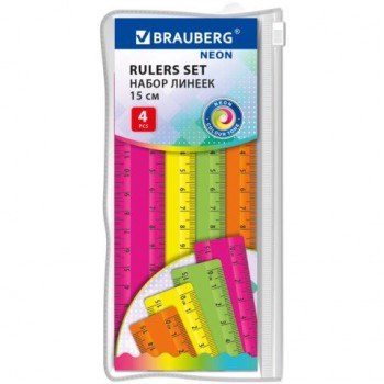 Линейки пластиковые 15 см неоновые BRAUBERG 12 шт., НАБОР 4 штуки, непрозрачные, пенал, 210881