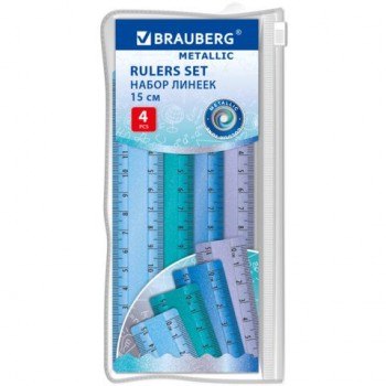 Линейки пластиковые 15 см металлик BRAUBERG 12 шт., НАБОР 4 штуки, непрозрачные, пенал, 210882