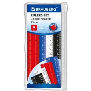 Линейки пластиковые 15 см классические BRAUBERG 12 шт., НАБОР 4 штуки, непрозрачные, пенал, 210883