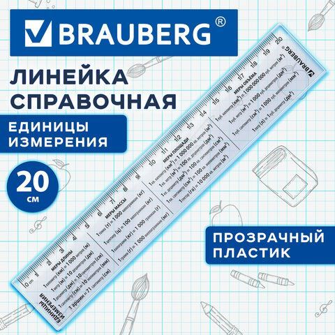 Линейка пластиковая 20 см BRAUBERG 50 шт., справочная, единицы измерения, 210901