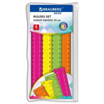 Линейки пластиковые 20 см неоновые BRAUBERG 12 шт., НАБОР 4 штуки, непрозрачные, пенал, 210904