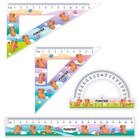 Набор чертежный FUNSTER (линейка 20 см, 2 треугольник, транспортир), "КАПИБАРЫ", пенал, 210913