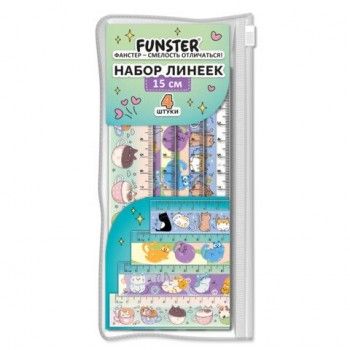 Линейки пластиковые 15 см FUNSTER 12 шт., "КОТЫ", НАБОР 4 штуки, пенал, 210915