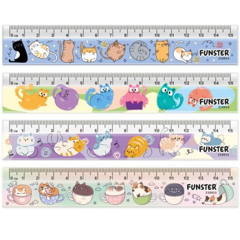 Линейки пластиковые 15 см FUNSTER 12 шт., "КОТЫ", НАБОР 4 штуки, пенал, 210915