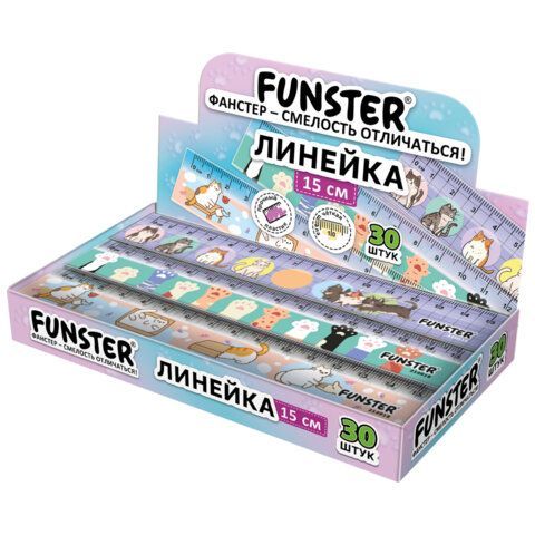 Линейка пластиковая 15 см, FUNSTER 30 шт., "КОТЫ", ассорти, дисплей, 210918