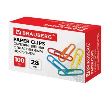 Скрепки BRAUBERG 2 шт., 28 мм, цветные, 100 шт., в картонной коробке, Россия, 220555