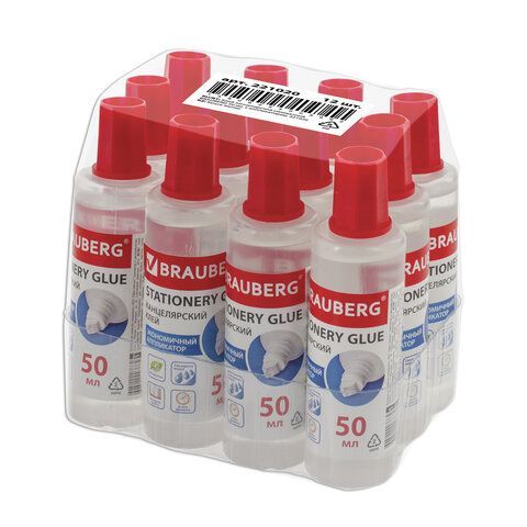 Клей канцелярский жидкий BRAUBERG 3 шт., 50 мл, с аппликатором, 221020