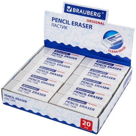 Ластик большой BRAUBERG 4 шт. &quot;Original&quot;, 60х20х11 мм, белый, прямоугольный, картонный держатель, 221038