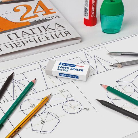 Ластик большой BRAUBERG 4 шт. &quot;Original&quot;, 60х20х11 мм, белый, прямоугольный, картонный держатель, 221038