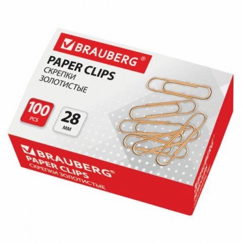 Скрепки BRAUBERG 2 шт., 28 мм, золотистые, 100 шт., в картонной коробке, 221529