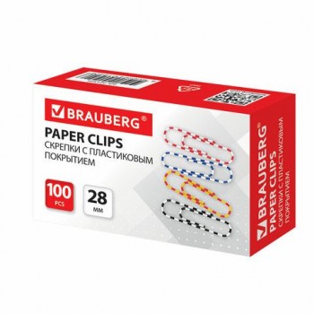 Скрепки BRAUBERG 2 шт., 28 мм с цветными полосками, 100 шт., в картонной коробке, 221534