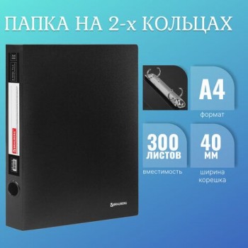 Папка на 2 кольцах BRAUBERG "Стандарт", 40 мм, черная, до 300 листов, 0,9 мм, 221618