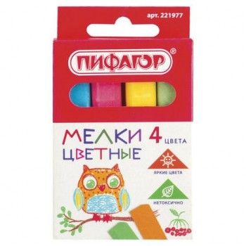 Мел цветной ПИФАГОР 10 шт., набор 4 шт., квадратный, 221977