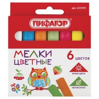 Мел цветной ПИФАГОР 10 шт., набор 6 шт., квадратный, 221979