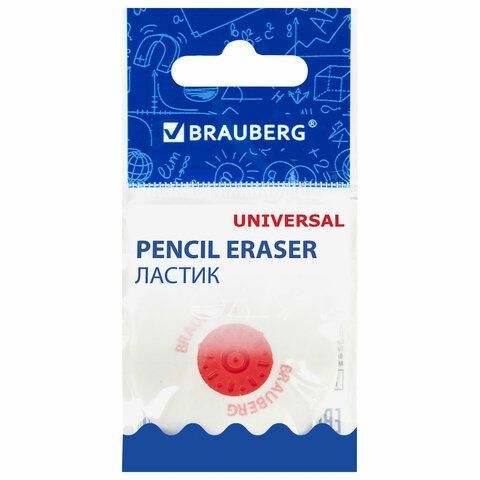 Ластик BRAUBERG 4 шт. &quot;Universal&quot;, 30х30х8 мм, белый, круглый, красный пластиковый держатель, 222472