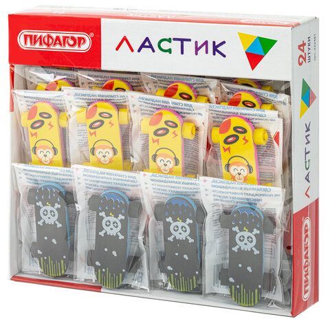 Ластик фигурный ПИФАГОР 24 шт. &quot;Скейт&quot;, 57х32х11 мм, ассорти, 222481