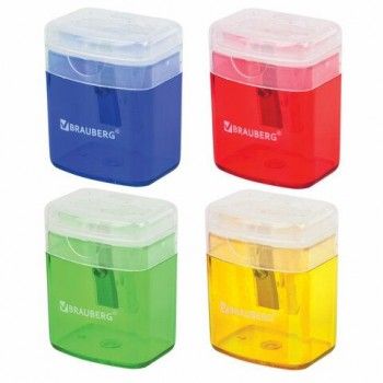 Точилка BRAUBERG 3 шт. "OfficeBox", с контейнером и крышкой, прямоугольная, в упаковке с подвесом, ассорти, 222494