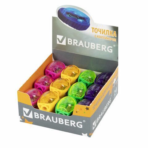 Точилка BRAUBERG 4 шт. &quot;Shuttle&quot;, с контейнером, эллиптическая, ассорти, в картонном дисплее, 222505