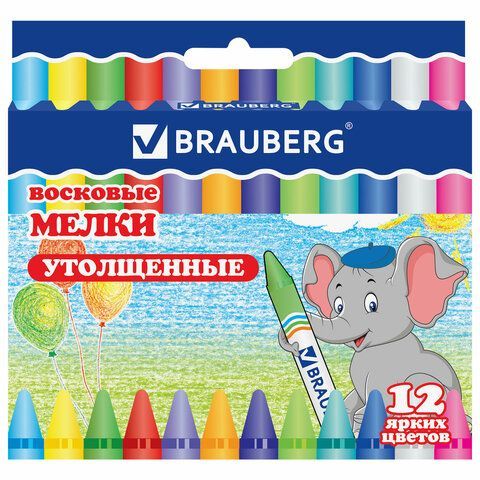 Восковые мелки утолщенные BRAUBERG 4 шт., НАБОР 12 цветов, 222966