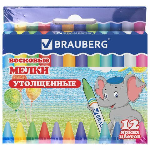 Восковые мелки утолщенные BRAUBERG 4 шт., НАБОР 12 цветов, 222966