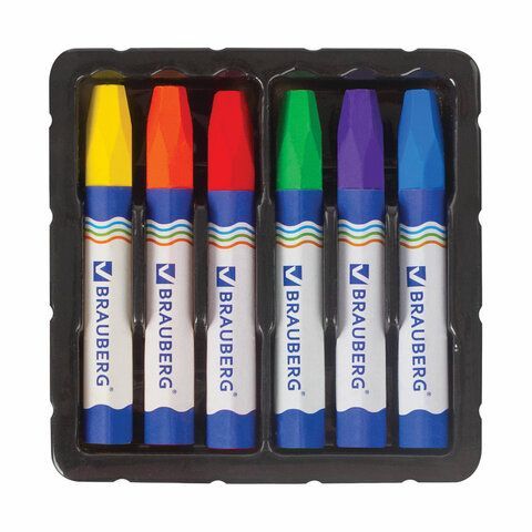 Восковые мелки утолщенные BRAUBERG 6 шт., НАБОР 6 цветов, на масляной основе, яркие цвета, 222969