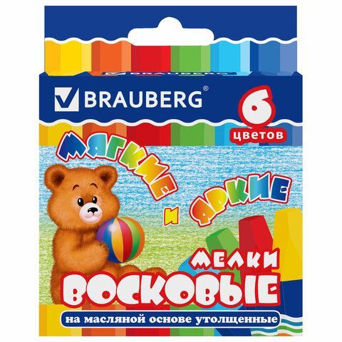 Восковые мелки утолщенные BRAUBERG 6 шт., НАБОР 6 цветов, на масляной основе, яркие цвета, 222969